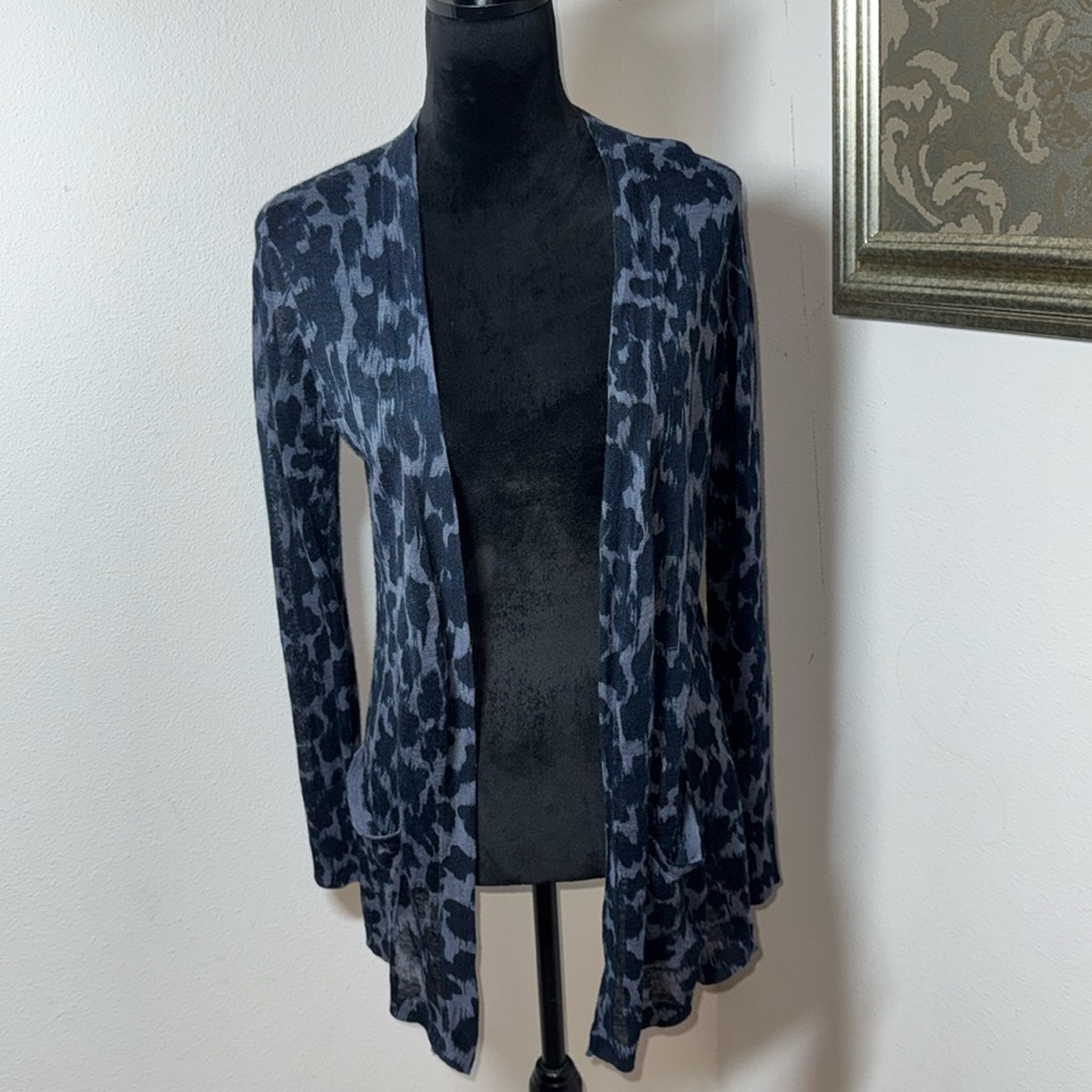 LOFT blue gray‎ lightweight animal print open front ramie cardigan Sz S